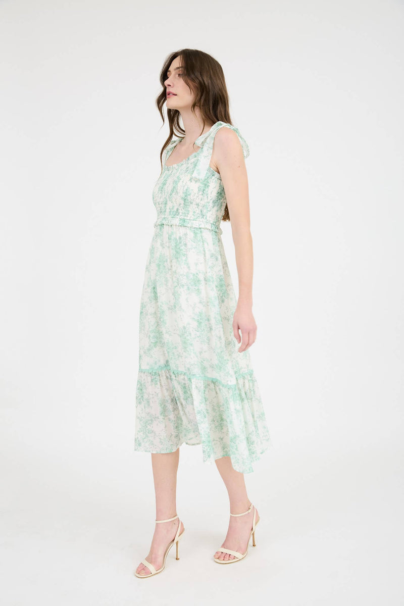 Floral Smocked Sweetheart Ruffle Trim Midi Dres | Mint