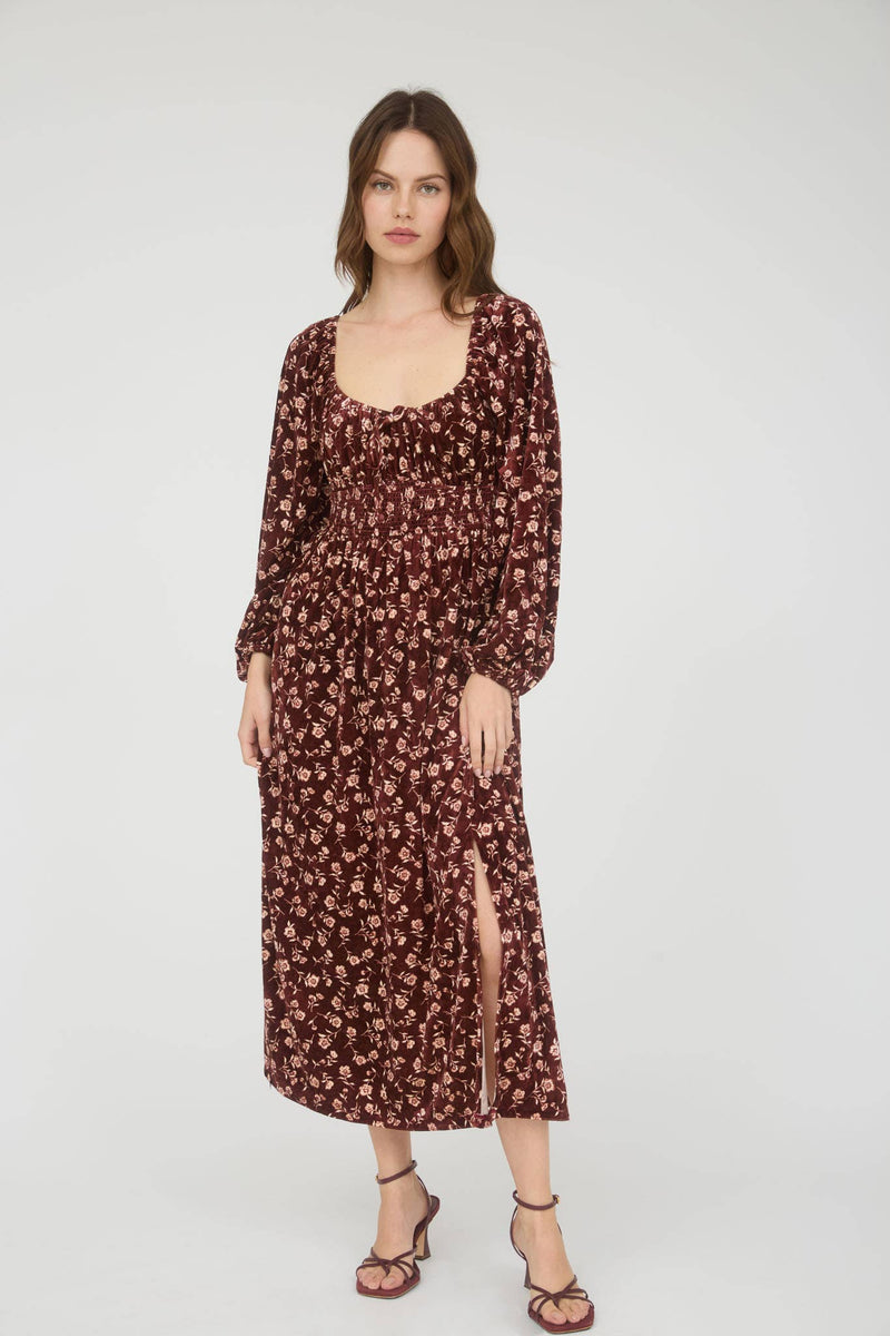 Floral Long Sleeve Velvet Midi Dress | Burgundy