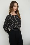 Bow Pattern Round Neck Long Sleeve Blouse | Black