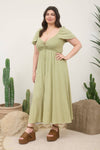 Curvy Smocked Front Tie Button Down Midi Dress | Light Olive