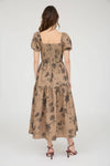 Textured Floral Sweetheart Neck Midi | Khaki