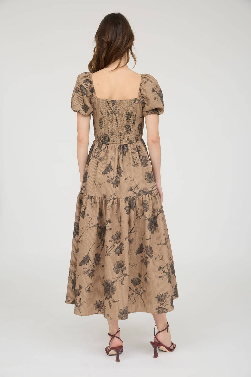 Textured Floral Sweetheart Neck Midi | Khaki