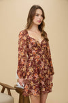 Floral Sweetheart Long Sleeve Mini Dress | Burgundy