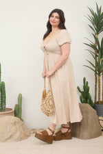 Curvy Smocked Front Tie Button Down Midi Dress | Light Olive