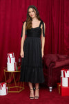 Sweetheart Tie Strap Ruffle Hem Midi Dress | Black