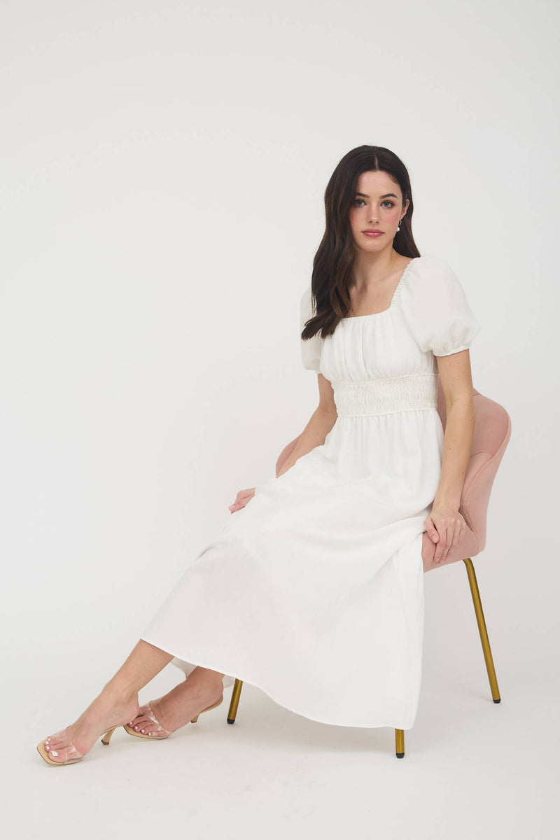 Solid Smocked Waist Balloon Sleeve Midi Dress | Off-White