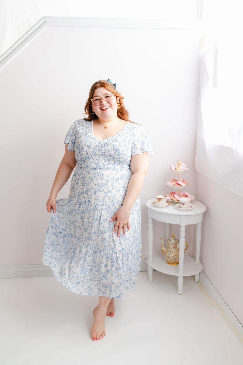 The Curvy Take Me Anywhere Smocked Flutter Sleeve Dress | Blue