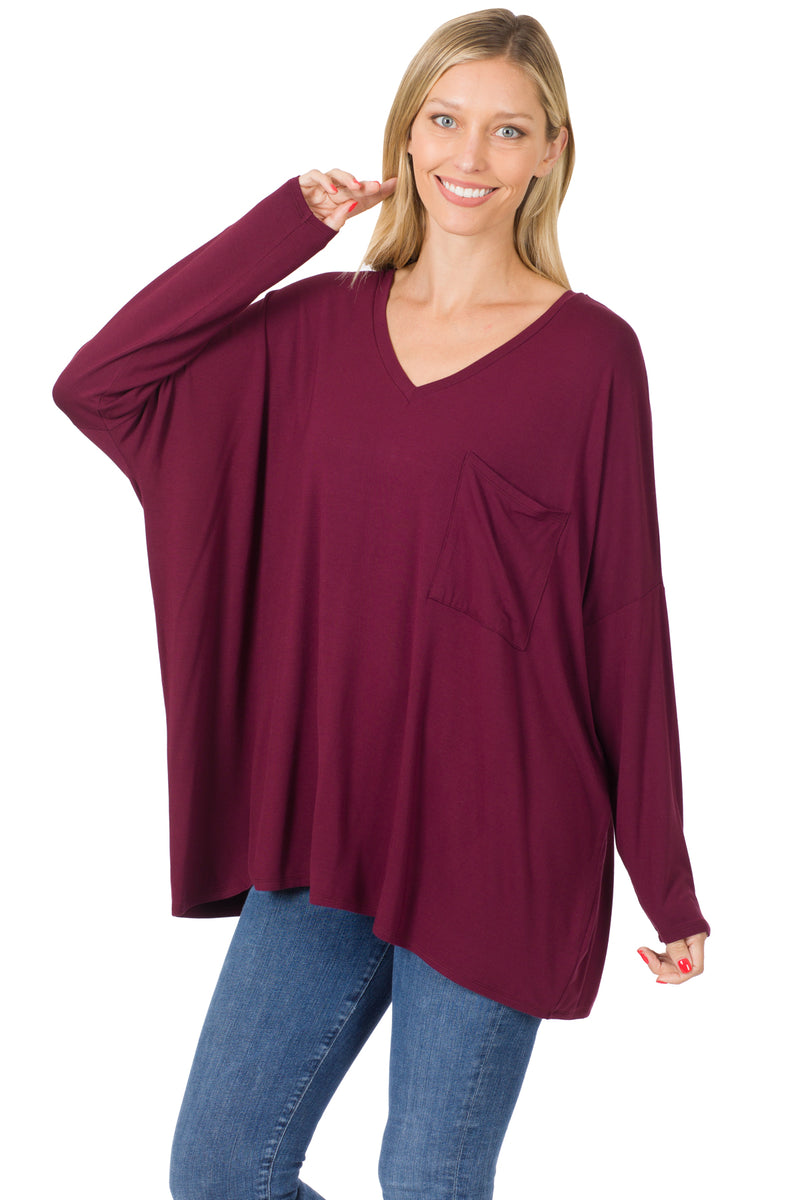 Oversized Front Pocket Long Sleeve Shirt | Dk Burgundy