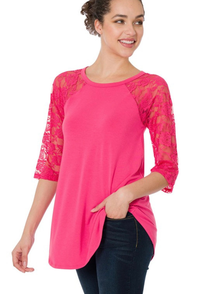 Curvy Lace Shoulder Long Sleeve Top | Fuchsia