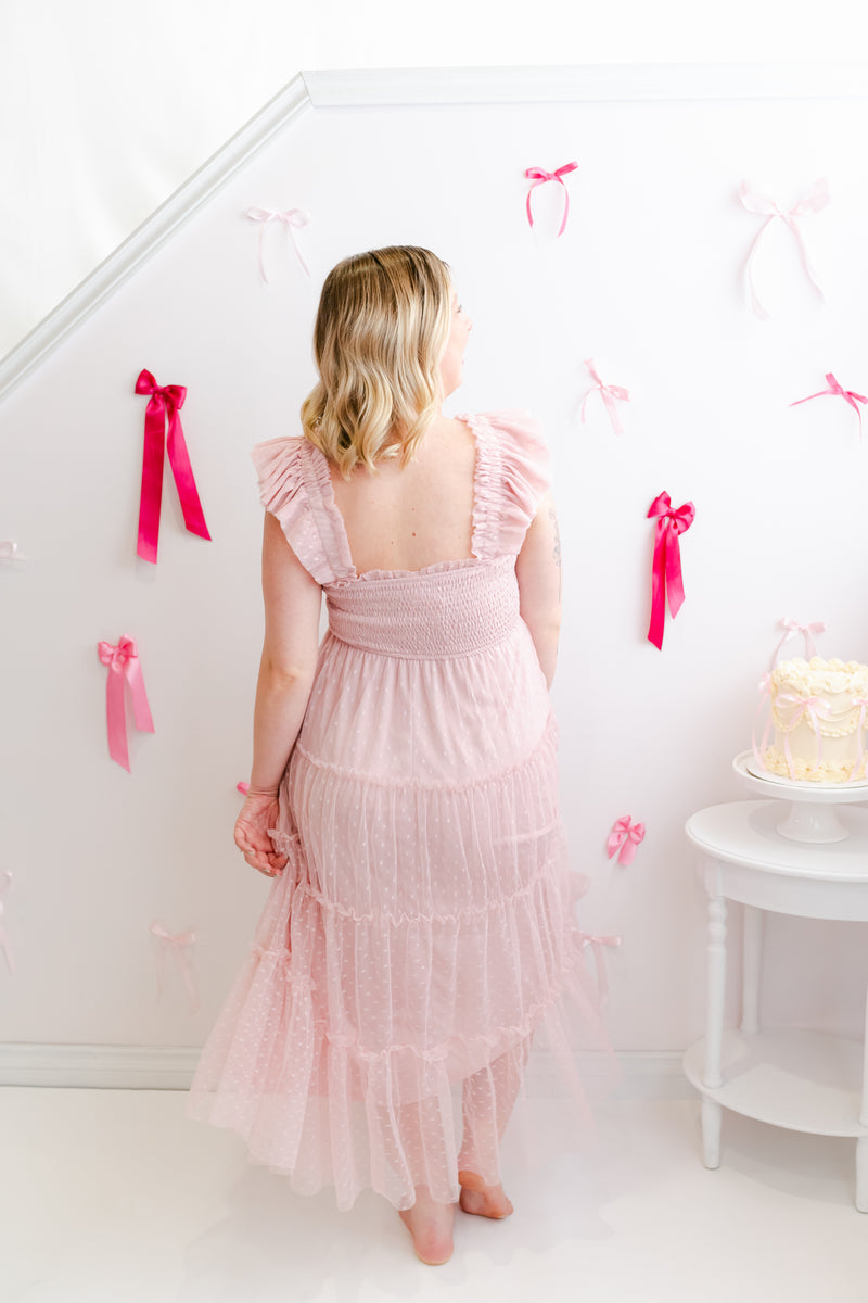 Garden Party Polka Dot Chiffon Tiered Midi Dress | Pink Garden Party Polka Dot Chiffon Tiered Midi Dress | Pink