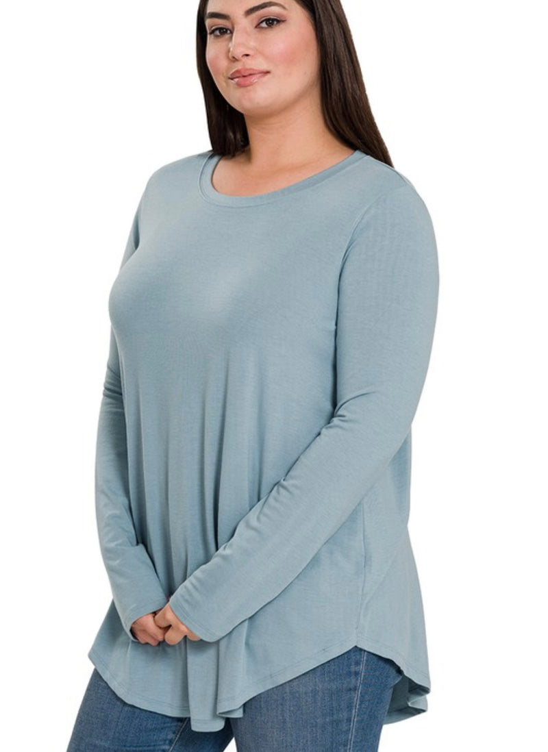 The Curvy Alicia Long Sleeve Round Neck Top | Blue Grey