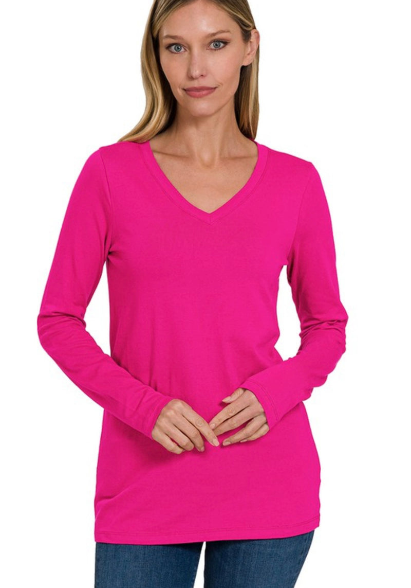 Cotton Long Sleeve Top | Magenta