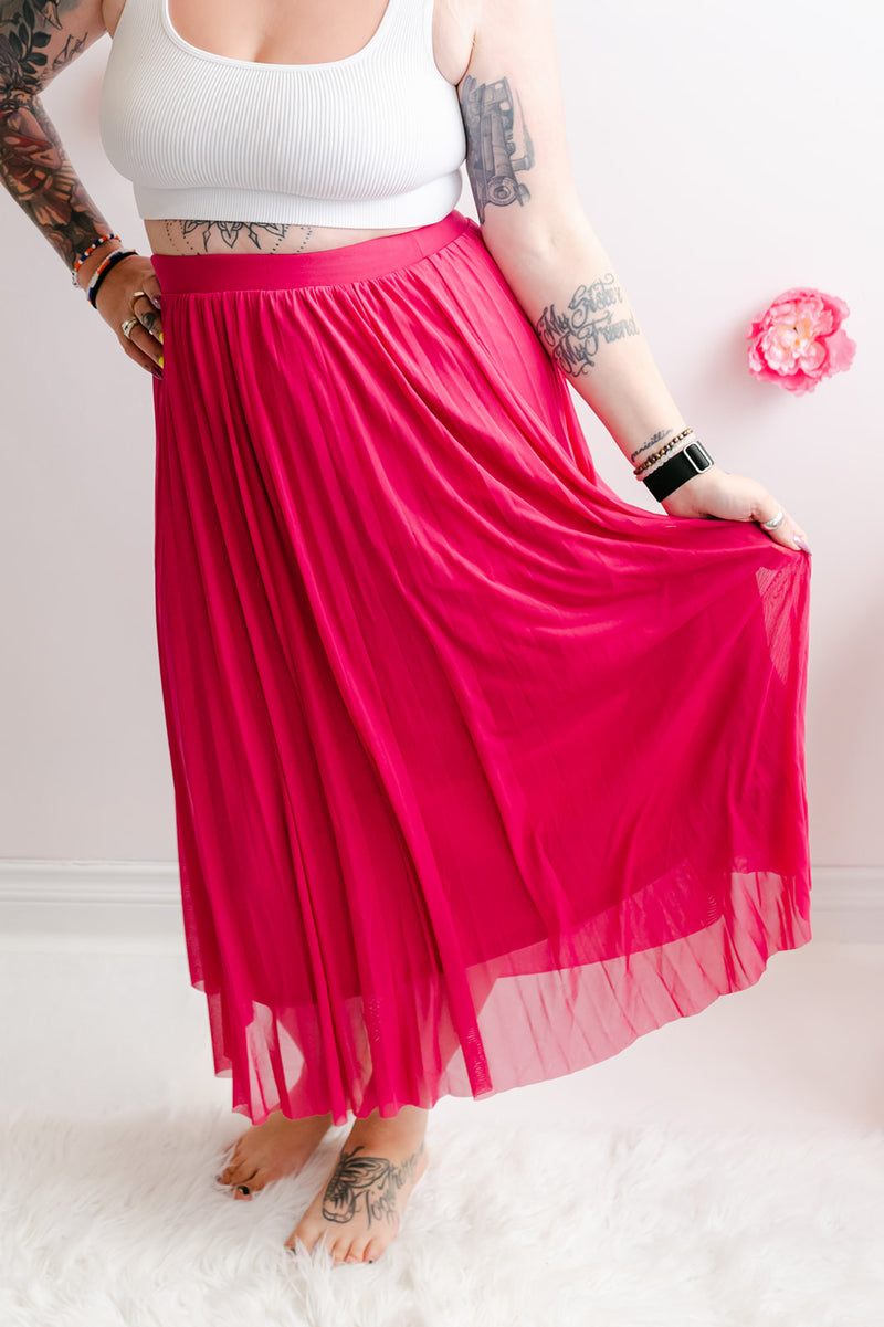 High-Waist Pleated Mesh Skirt | Fuschia