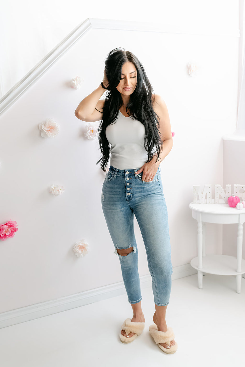 The Angela High Rise Button up Distressed Crop Skinny Jeans - MNR Beauty Boutique