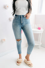 The Angela High Rise Button up Distressed Crop Skinny Jeans