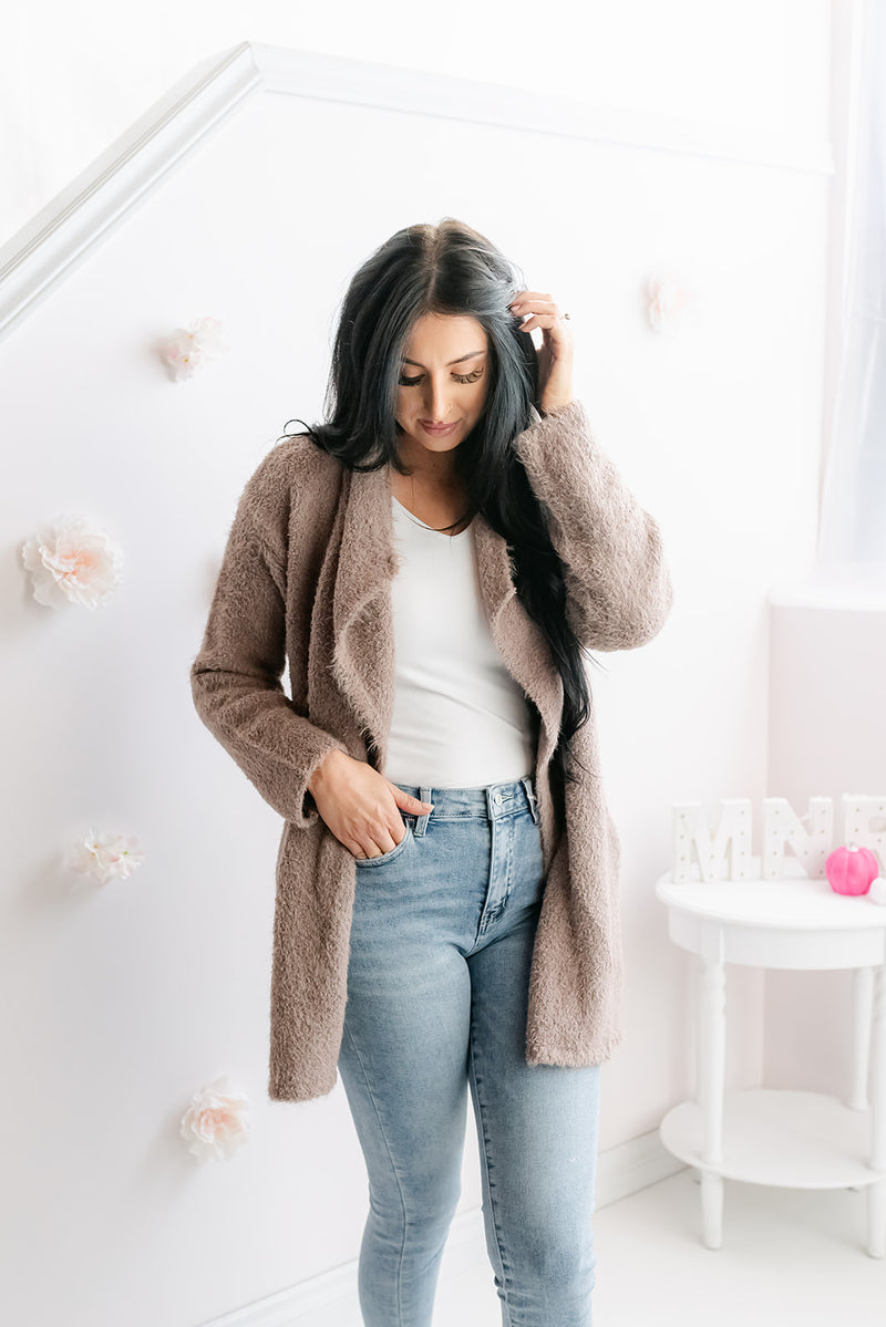 Soft Fuzzy Drape Front Cardigan | Mushroom