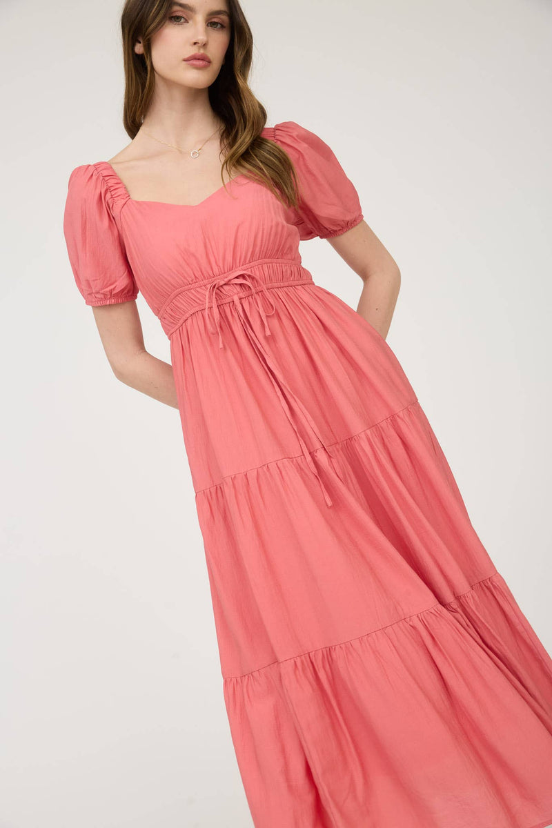 V-Neck Front Tie Puff Sleeve Tiered Midi Dress | Coral