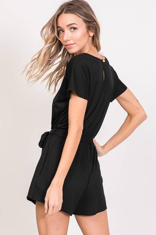 Curvy Solid Romper With Waist Belt | Black