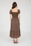Plaid Smocked Puff Sleeve Ruffle Hem Midi Dress | Brown