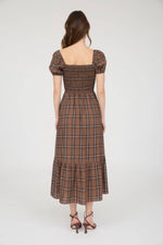 Plaid Smocked Puff Sleeve Ruffle Hem Midi Dress | Brown