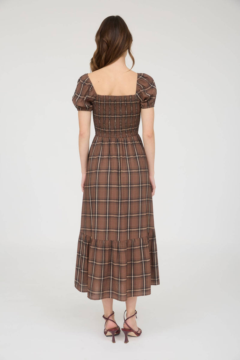 Plaid Smocked Puff Sleeve Ruffle Hem Midi Dress | Brown