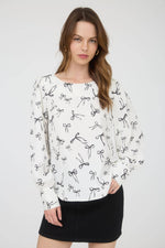 Bow Pattern Round Neck Long Sleeve Blouse | Cream