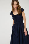Shirred Bodice Ruffle Sleeve Midi Dress | Navy
