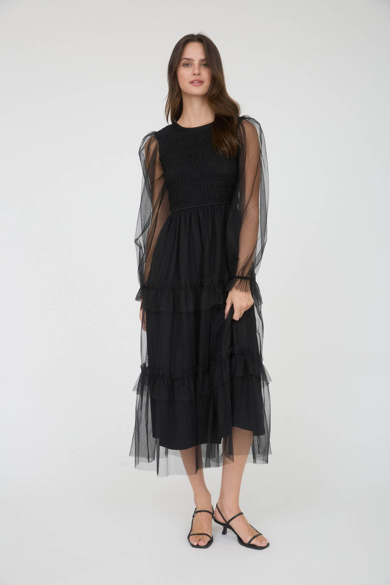 Mesh Smocked Long Sleeve Tiered Midi Dress | Black