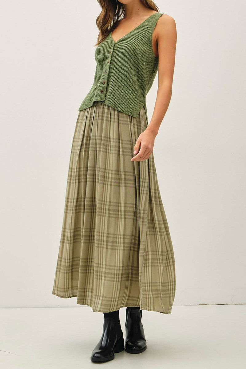 Plaid Printed Pleated Midi Skirt | Mocha