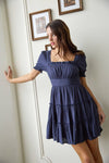 Square Neck Smocked Detail Tiered Mini Dress | Navy