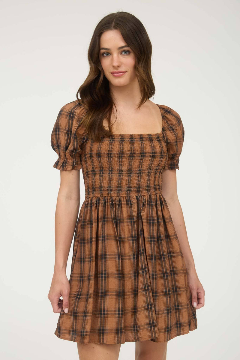 Plaid Smocked Puff Sleeve Mini Dress | Brown
