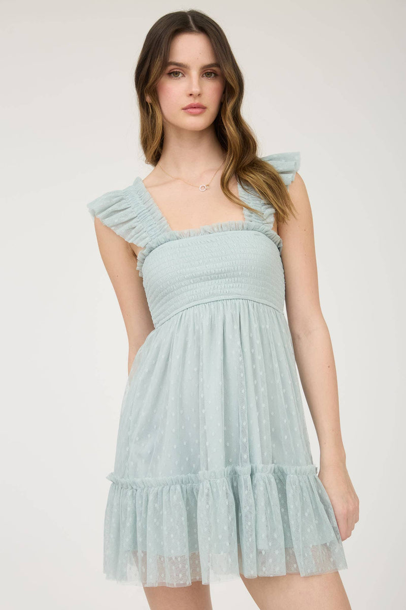Garden Party Polka Dot Chiffon Tiered Mini Dress | Sage