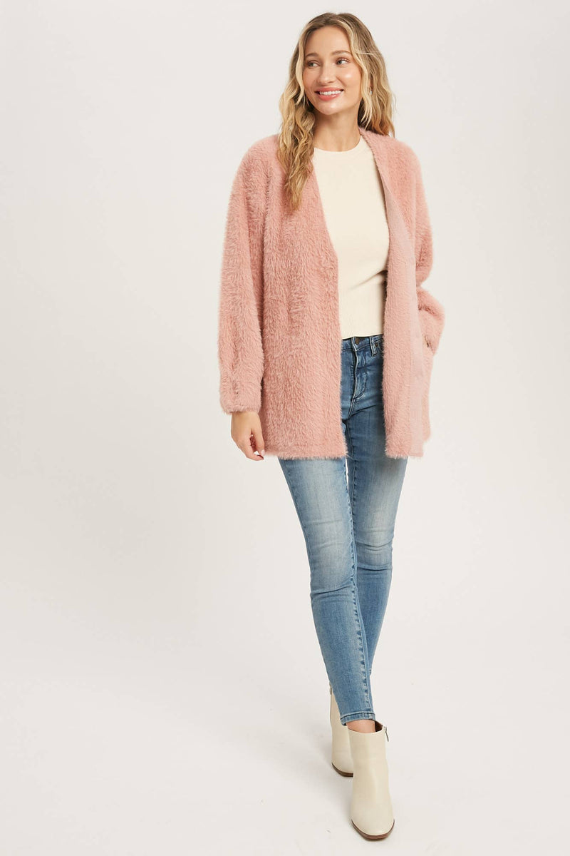 Fuzzy Knit Balloon Sleeve Jacket | Dusty Pink