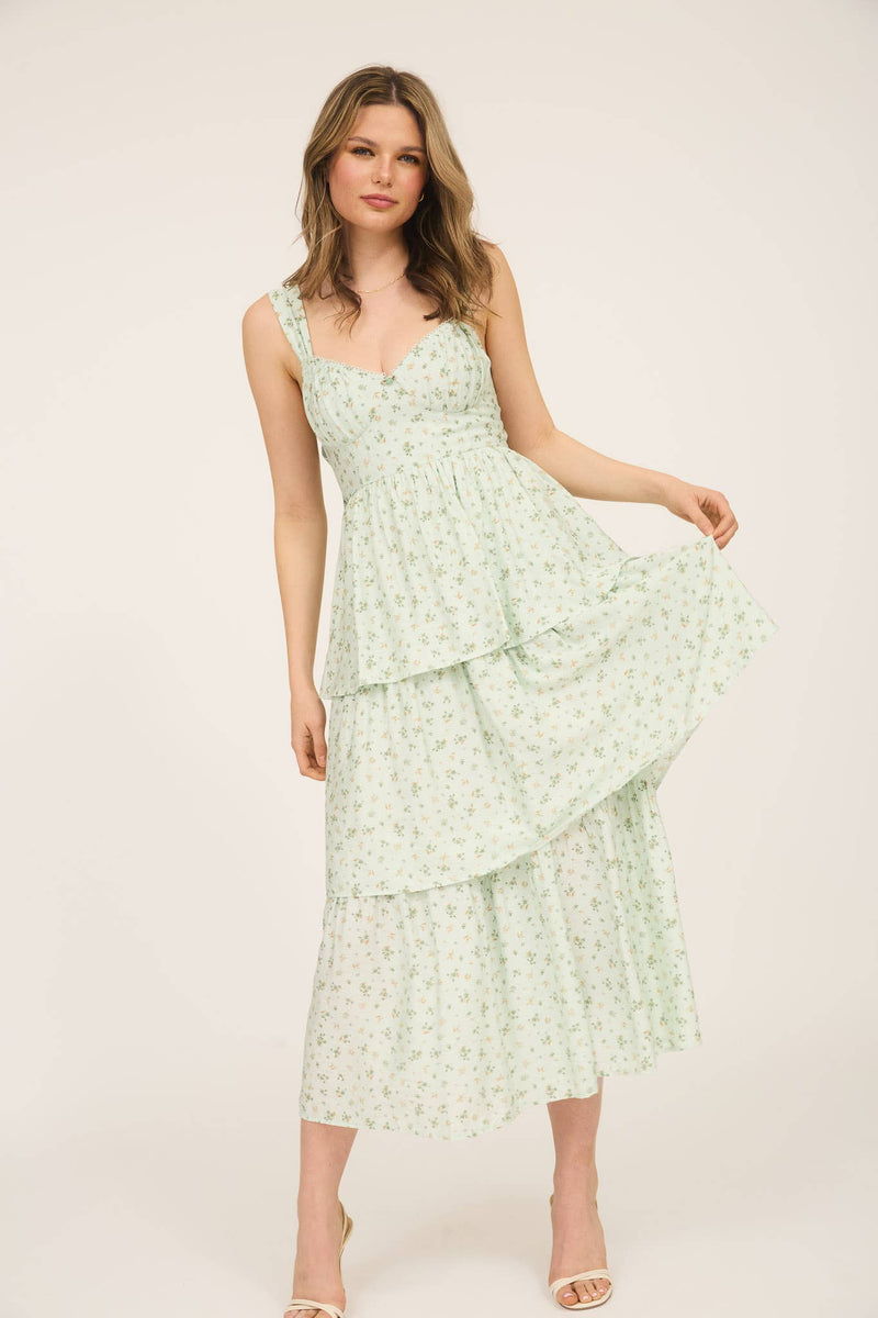 Corset Ruffle Tiered Midi Dress | Sage