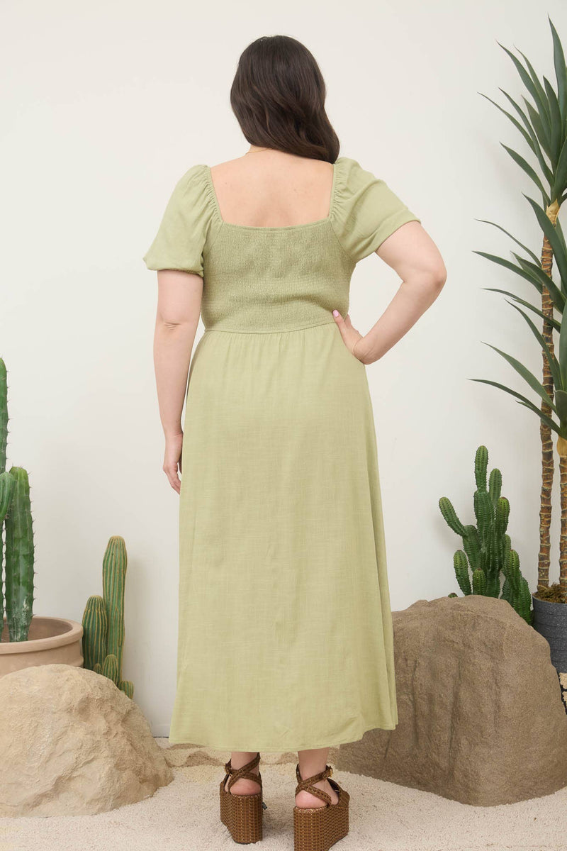 Curvy Smocked Front Tie Button Down Midi Dress | Light Olive