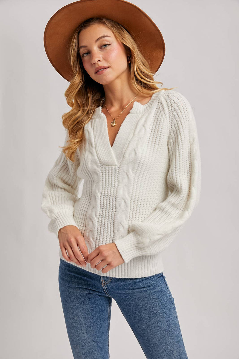 Split Neck Cable Sweater Pullover | Mocha