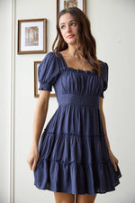Square Neck Smocked Detail Tiered Mini Dress | Navy