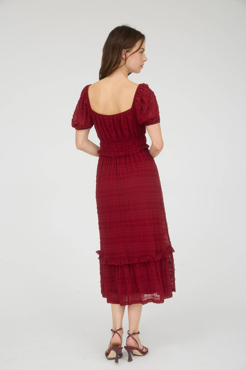 Shirred Chiffon Puff Sleeve Midi Dress | Deep Red