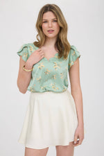 Floral Print V-Neck Scallop Satin Blouse | Dusty Mint