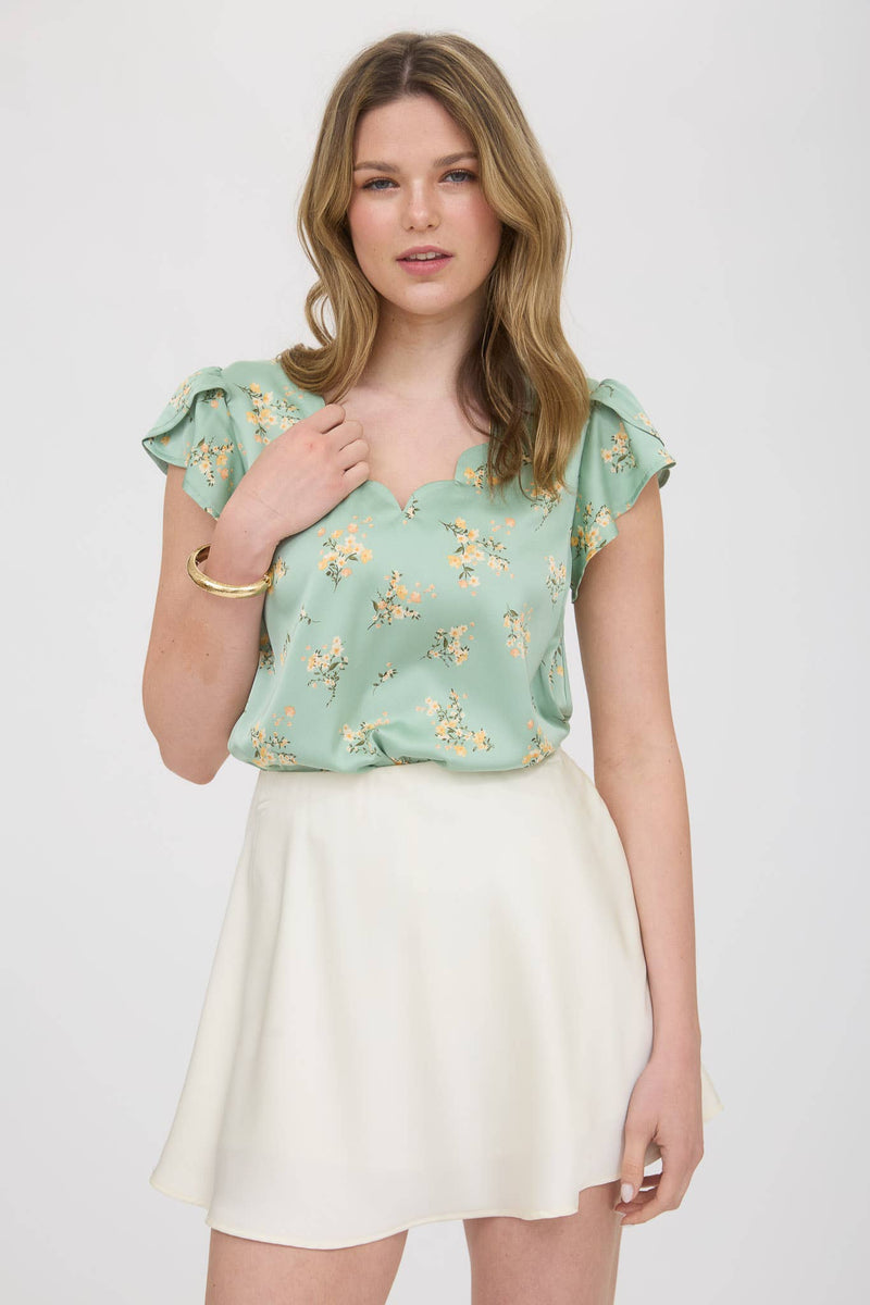 Floral Print V-Neck Scallop Satin Blouse | Dusty Mint