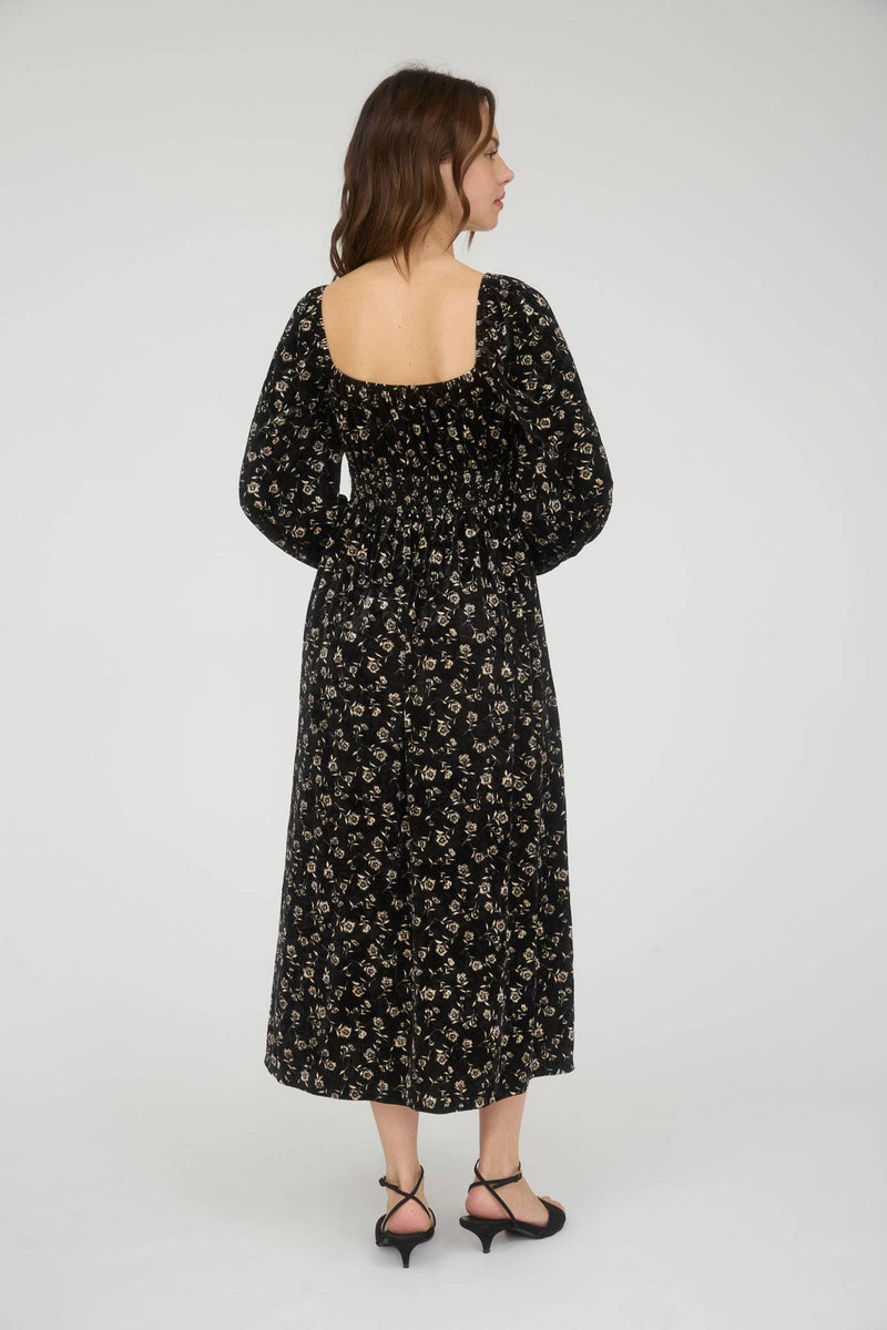 Floral Long Sleeve Velvet Midi Dress | Black