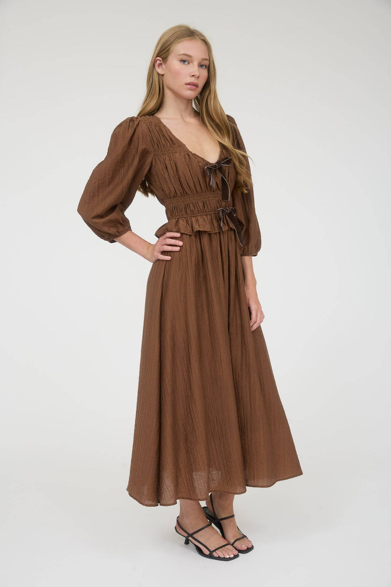 Velvet Bow Tie Long Sleeve Midi Dress | Brown