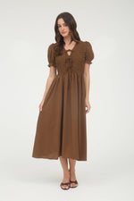 V-Neck Front Tie Smocked Puff Sleeve Midi Dress | Brown