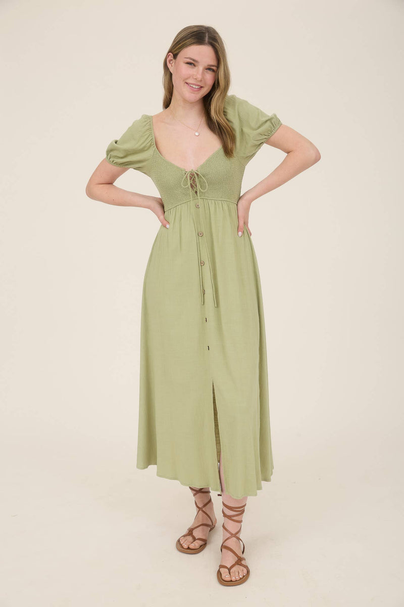 Smocked Front Tie Button Down Midi Dress | Khaki