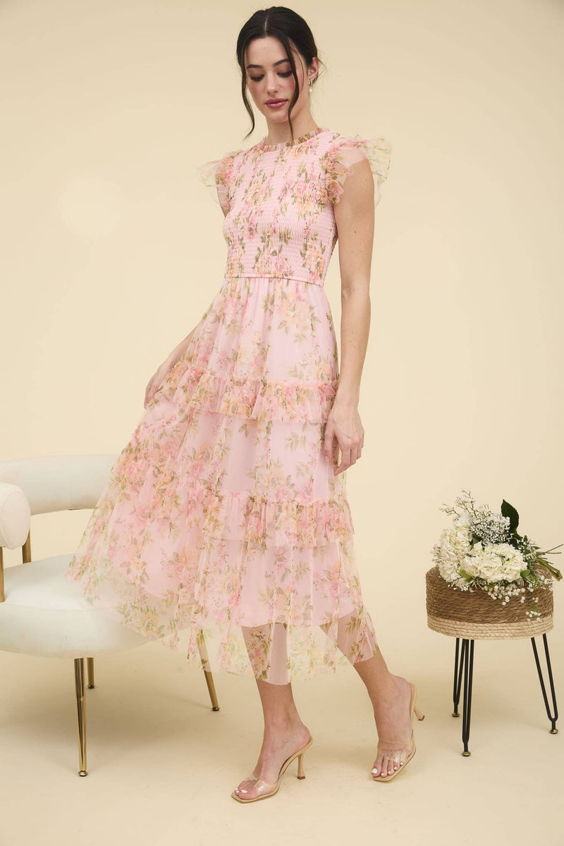 Floral Smocked Ruffle Detail Tiered Maxi Dress | Pink