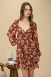 Floral Sweetheart Long Sleeve Mini Dress | Burgundy