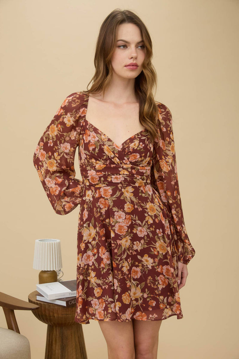 Floral Sweetheart Long Sleeve Mini Dress | Burgundy