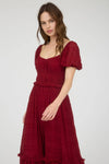 Shirred Chiffon Puff Sleeve Midi Dress | Deep Red