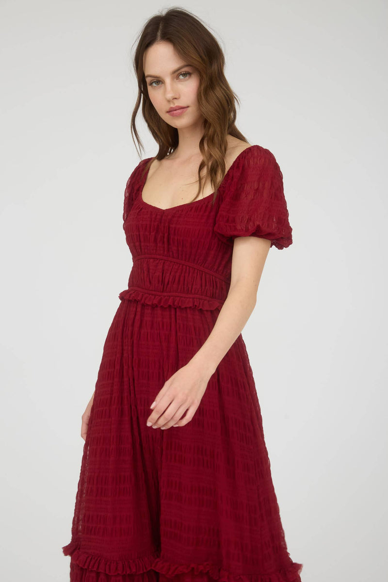 Shirred Chiffon Puff Sleeve Midi Dress | Deep Red