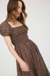 Plaid Smocked Puff Sleeve Ruffle Hem Midi Dress | Brown